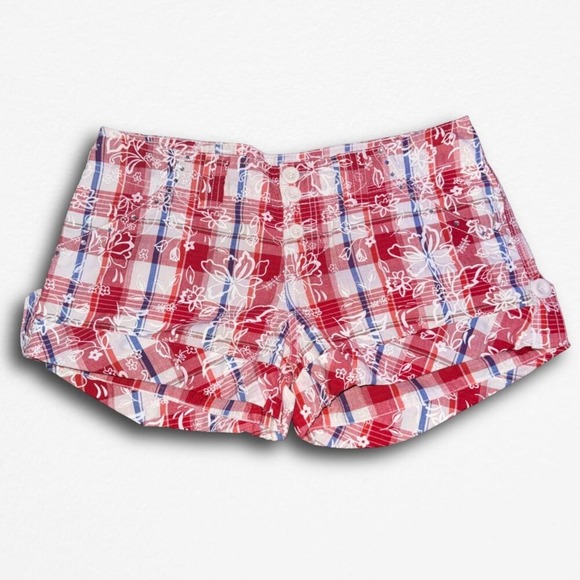 BONGO Pants - Size 7 Y2K Plaid Rhinestone Red Blue White Bongo Mini Shorts
